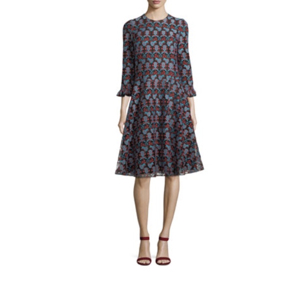 Emporio Armani Blue/Red Abstract Embroidered Zip 3/4 Sleeve A-Line Dress sz L - Picture 1 of 5
